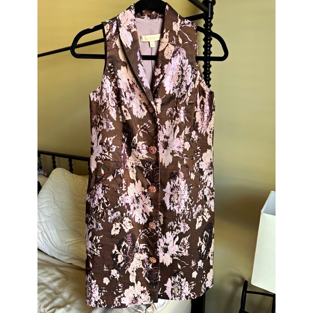 Etcetera Size 2 Metallic Floral Sleeveless Dress Rhinestone Buttons Zip Pockets